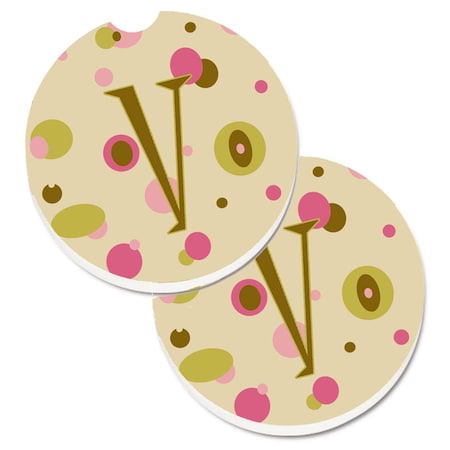 Carolines Treasures Letter V Initial Monogram Tan Dots Set of 2 Cup Holder Car Coaster CJ1004-VCARC